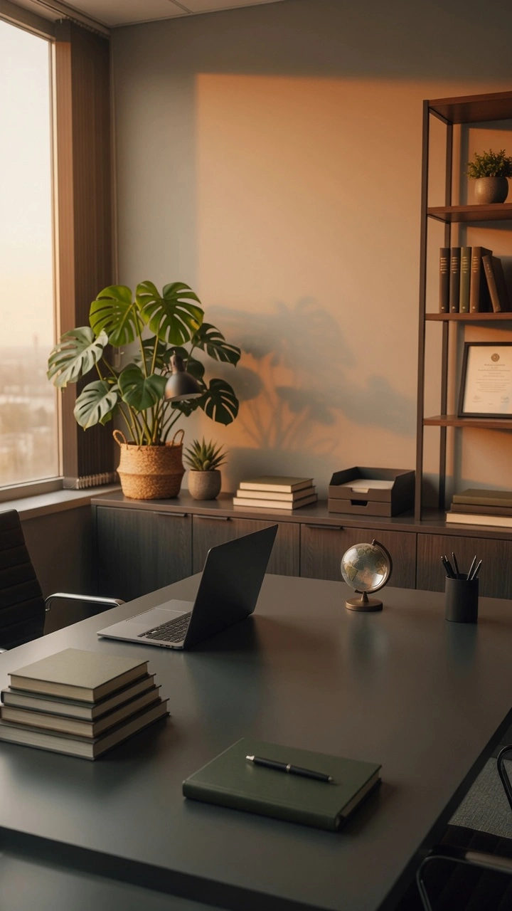 Oficina moderna con escritorio, laptop, plantas y libros jurídicos donde un abogado ambientalista revisa casos de legislación ambiental
