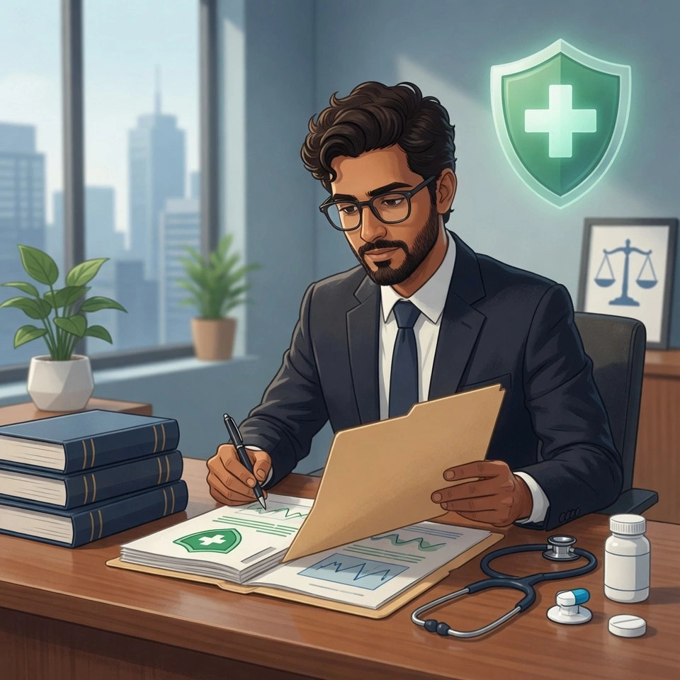 Profesional del derecho revisando documentación médica y legal en su escritorio. Especialista en amparos de salud analizando casos de cobertura médica, prepagas y obras sociales para garantizar el derecho a la salud de los pacientes.