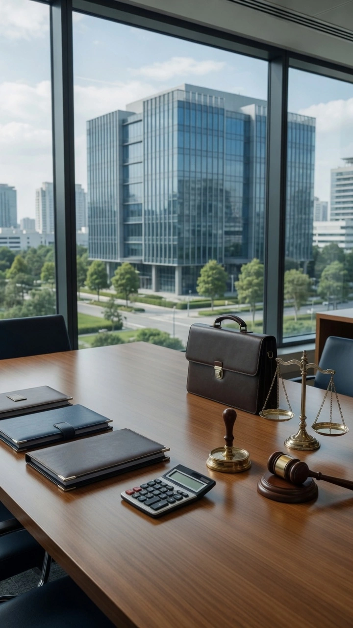 Mesa de reuniones con balanza de justicia y maletín en oficina con vista a edificios corporativos - consultoría legal en insolvencia