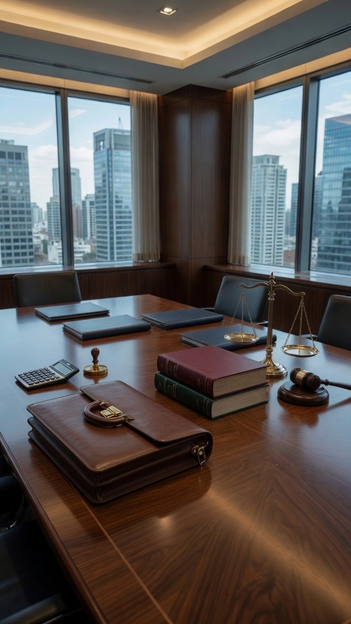 Sala de reuniones con balanza de justicia, martillo de subasta y documentación legal - oficina especializada en derecho concursal e insolvencia empresarial