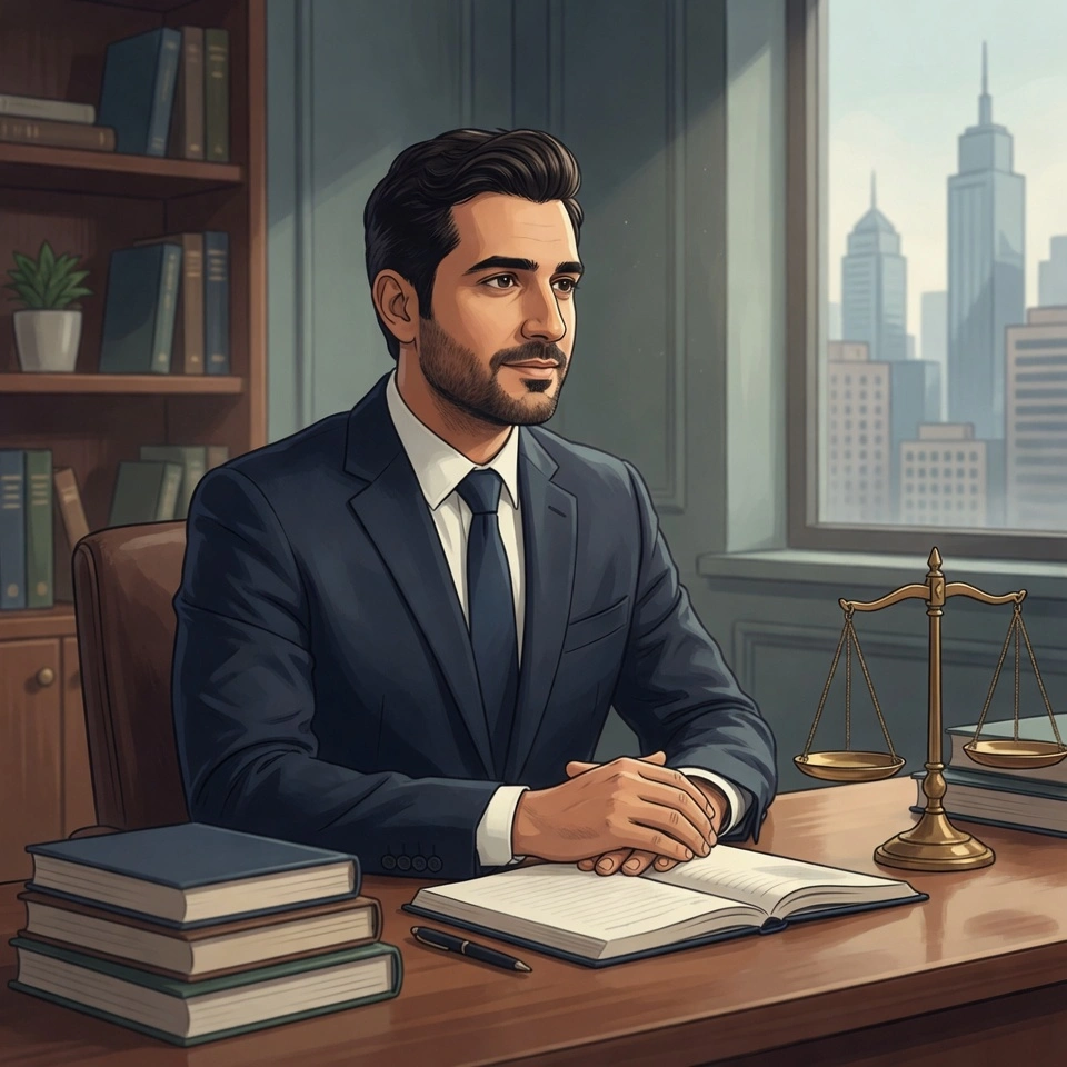 Abogado en oficina tradicional con libros de derecho y balanza de justicia sobre el escritorio, representando la asesoría legal experta en consorcios y propiedad horizontal.