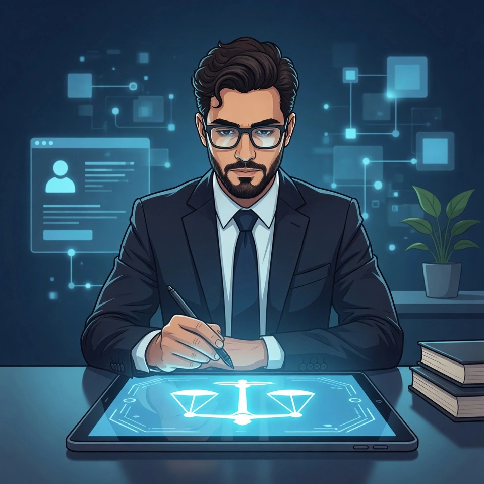 Abogado moderno firmando documentos en tablet digital con balanza de justicia holográfica, representando la asesoría legal actualizada en consorcios y propiedad horizontal.