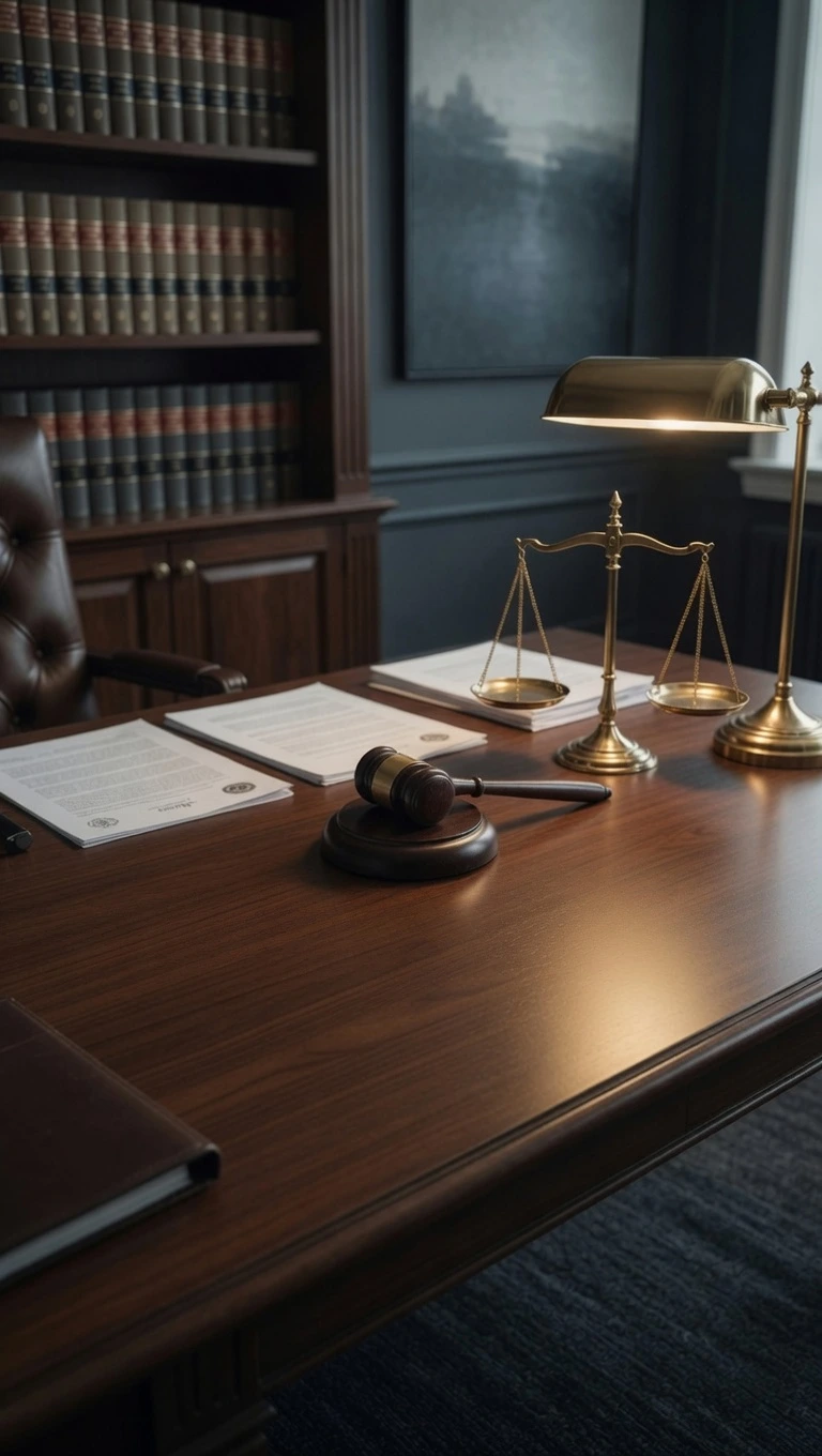 Escritorio de abogado daños y perjuicios con mazo judicial, balanza de la justicia en bronce, documentos legales y lámpara de escritorio encendida sobre una mesa de madera en un despacho clásico.