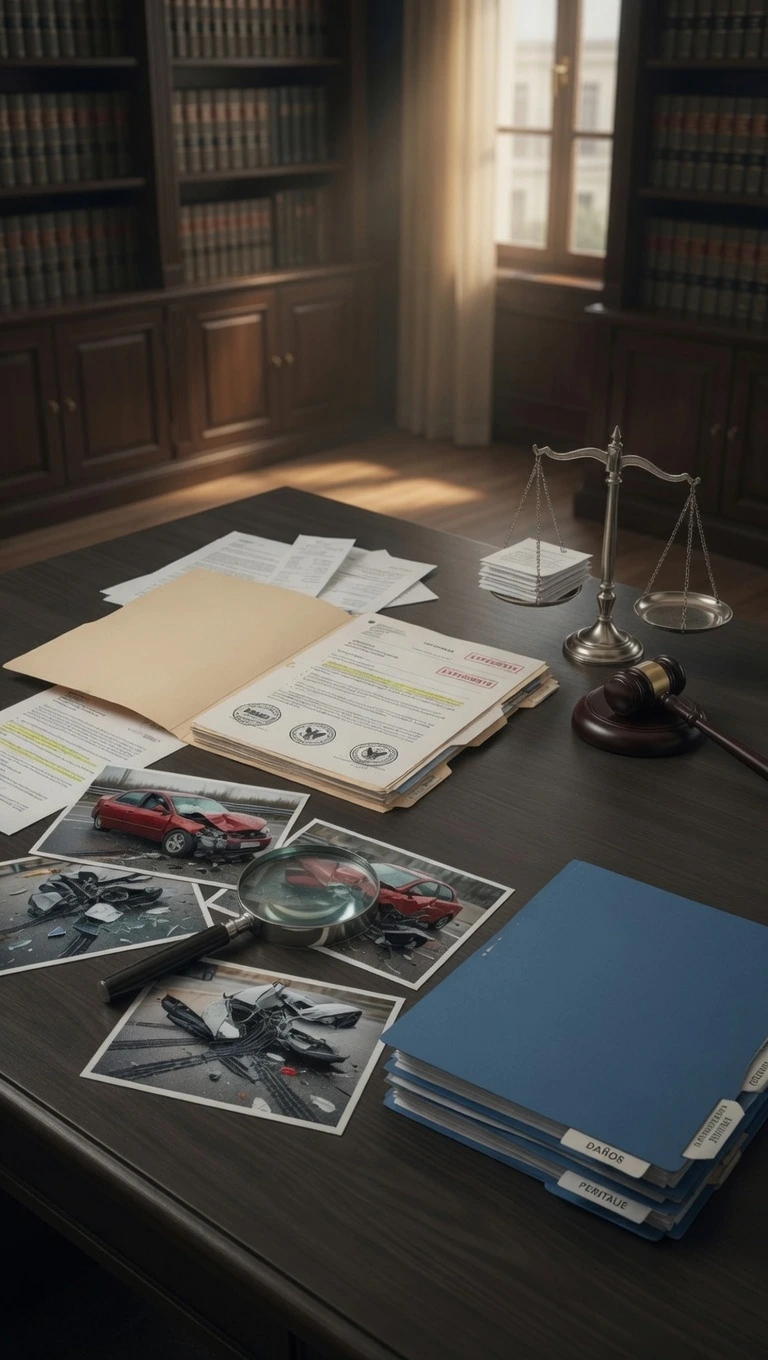 Escritorio de abogado daños y perjuicios con fotos de accidente automovilístico, lupa, documentos con sellos de rechazado y aprobado, y carpeta azul de daños sobre una mesa de madera en un despacho clásico.