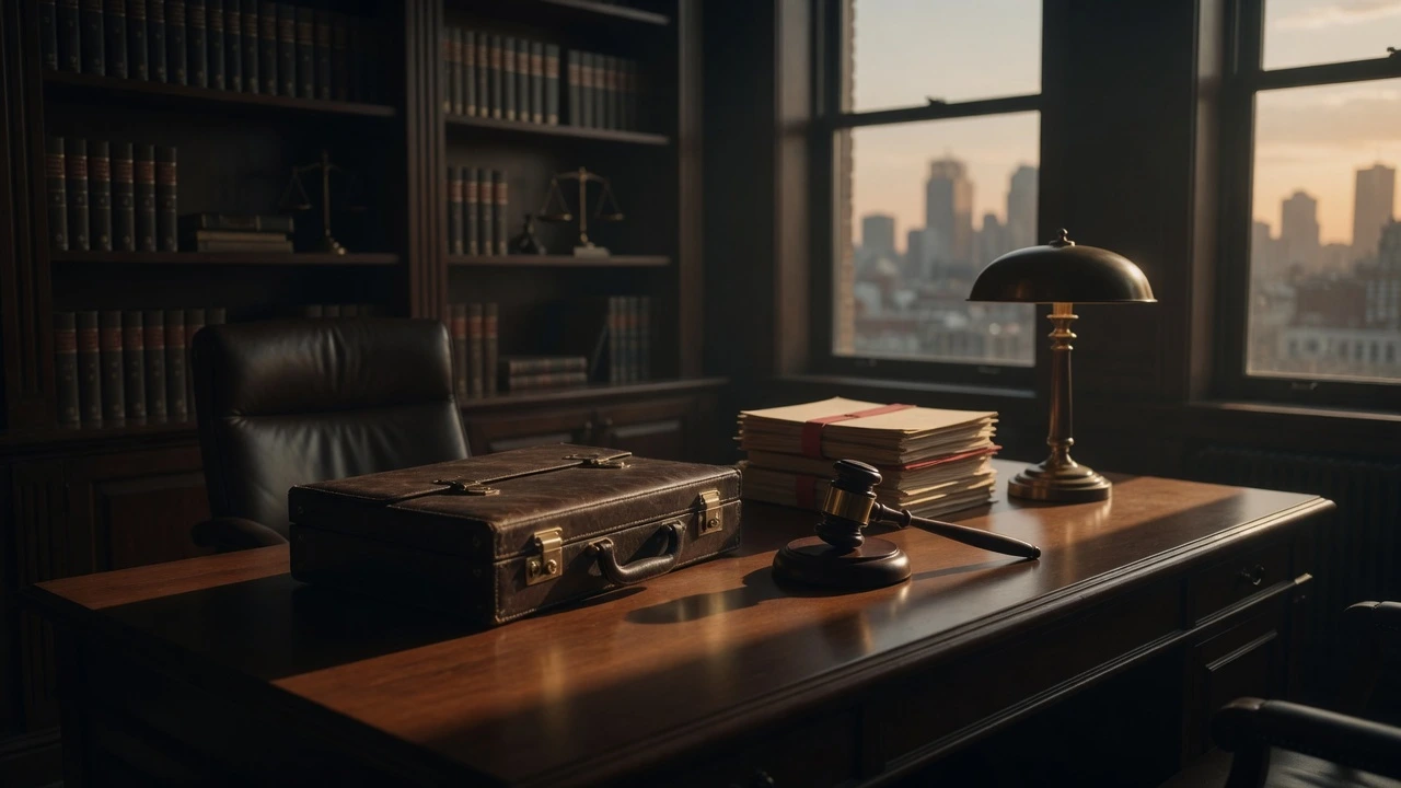 Escritorio de abogado daños y perjuicios en una oficina elegante. Sobre la mesa de madera hay un maletín de cuero, un mazo judicial, documentos apilados y una lámpara de escritorio. Al fondo se ven estanterías con libros de derecho y grandes ventanas con vista a la ciudad al atardecer.