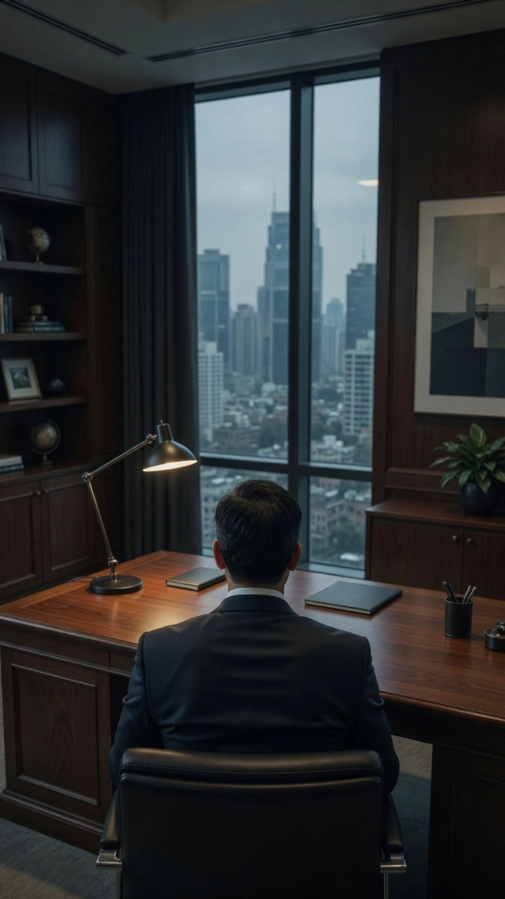 Oficina corporativa con vista panorámica a la ciudad, profesional analizando documentación legal empresarial y asuntos societarios con el Estudio Sánchez Ferre