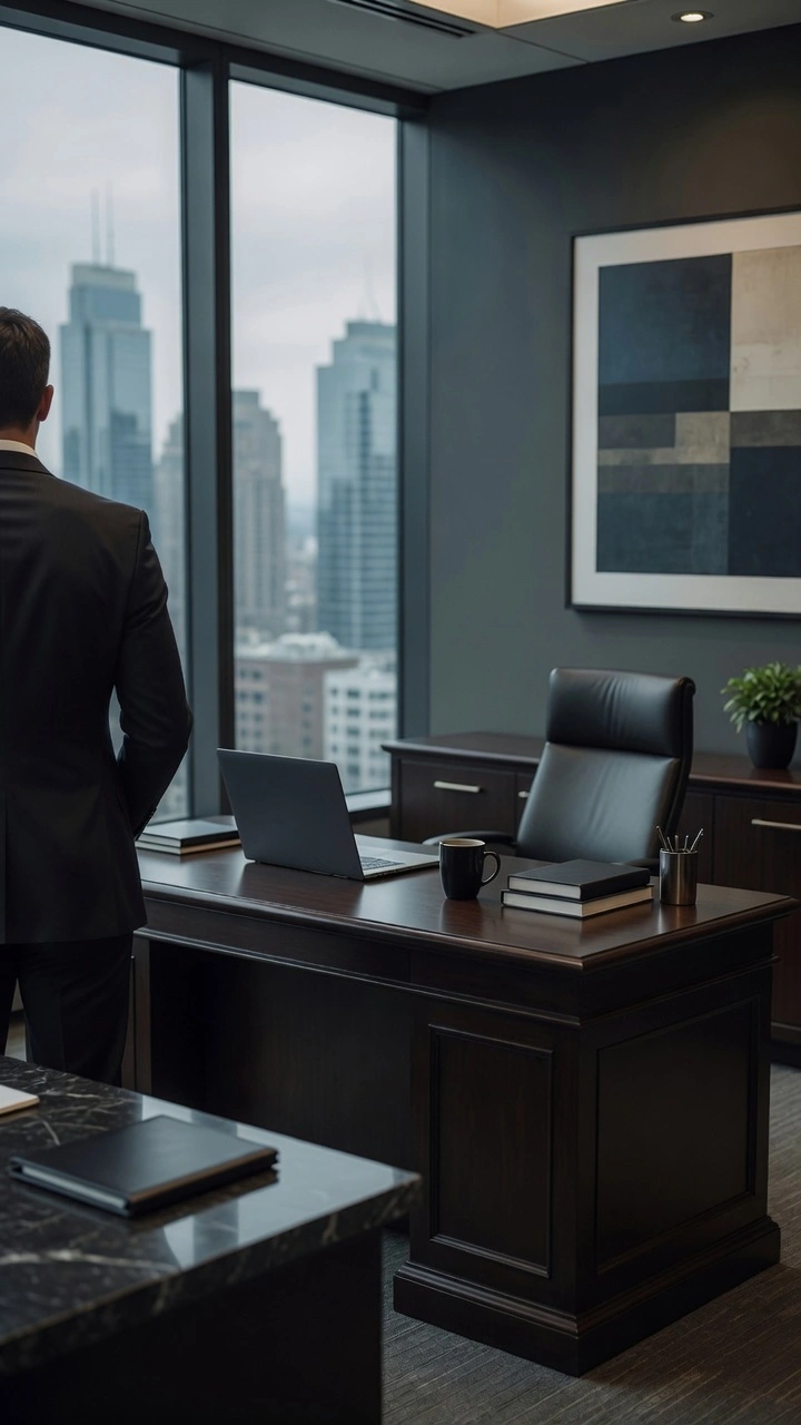 Oficina corporativa moderna con vista panorámica a la ciudad, espacio profesional donde un empresario analiza asuntos legales de su compañía con el Estudio Sánchez Ferre, ambiente equipado para asesoría en derecho societario y negocios