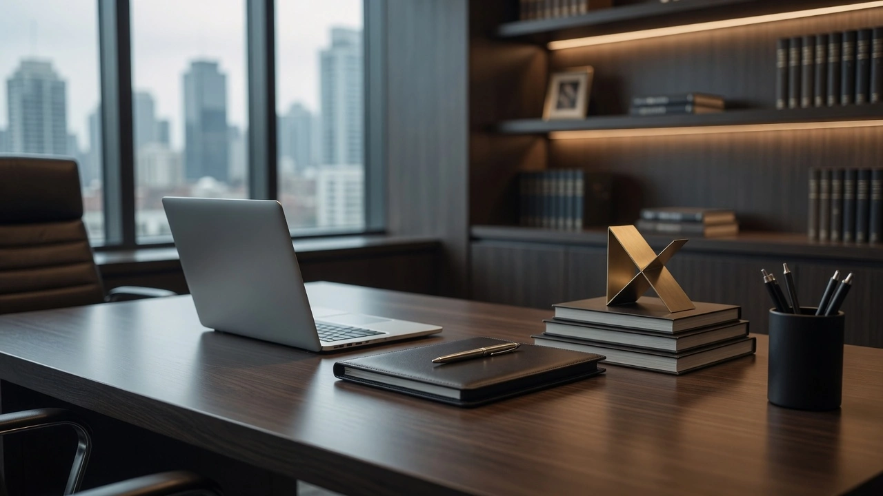 Oficina profesional con escritorio de trabajo, laptop y libros jurídicos con vista a la ciudad, espacio dedicado a la asesoría legal corporativa y empresarial