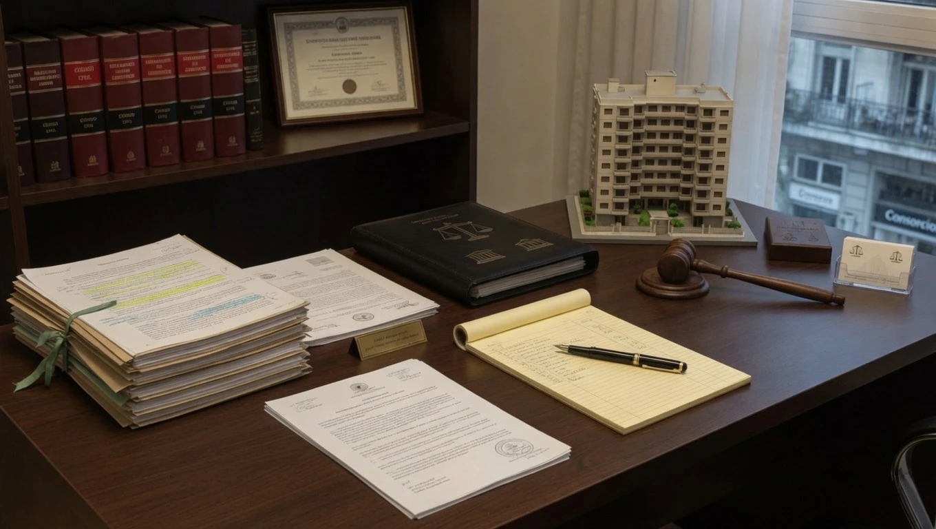 Escritorio de abogado especialista en consorcios con documentos legales, gavel, maqueta de edificio y carpeta de trabajo sobre una mesa de madera.