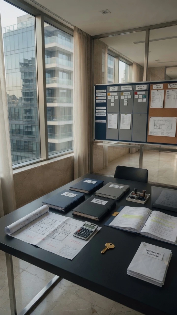 Planos arquitectónicos, carpetas de documentación legal, calculadora y notificaciones de expensas en un despacho moderno.