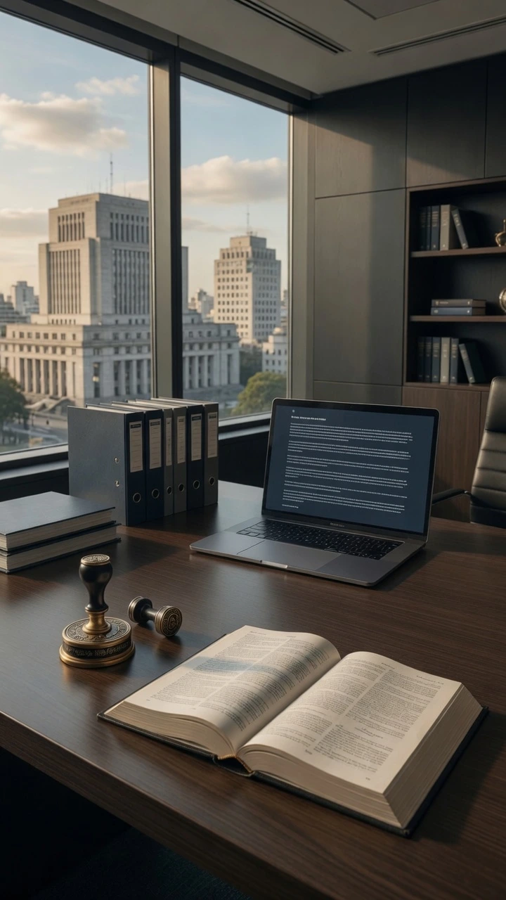 Abogado especialista en derecho administrativo: escritorio profesional con libro abierto, laptop, sello notarial y carpetas frente a una gran ventana con vista a la ciudad.