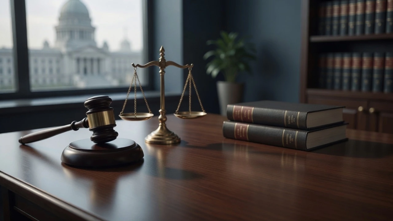 Abogado especialista en derecho administrativo: escritorio profesional con mazo de juez, balanza de la justicia y libros de leyes en un despacho con vista a un edificio oficial.