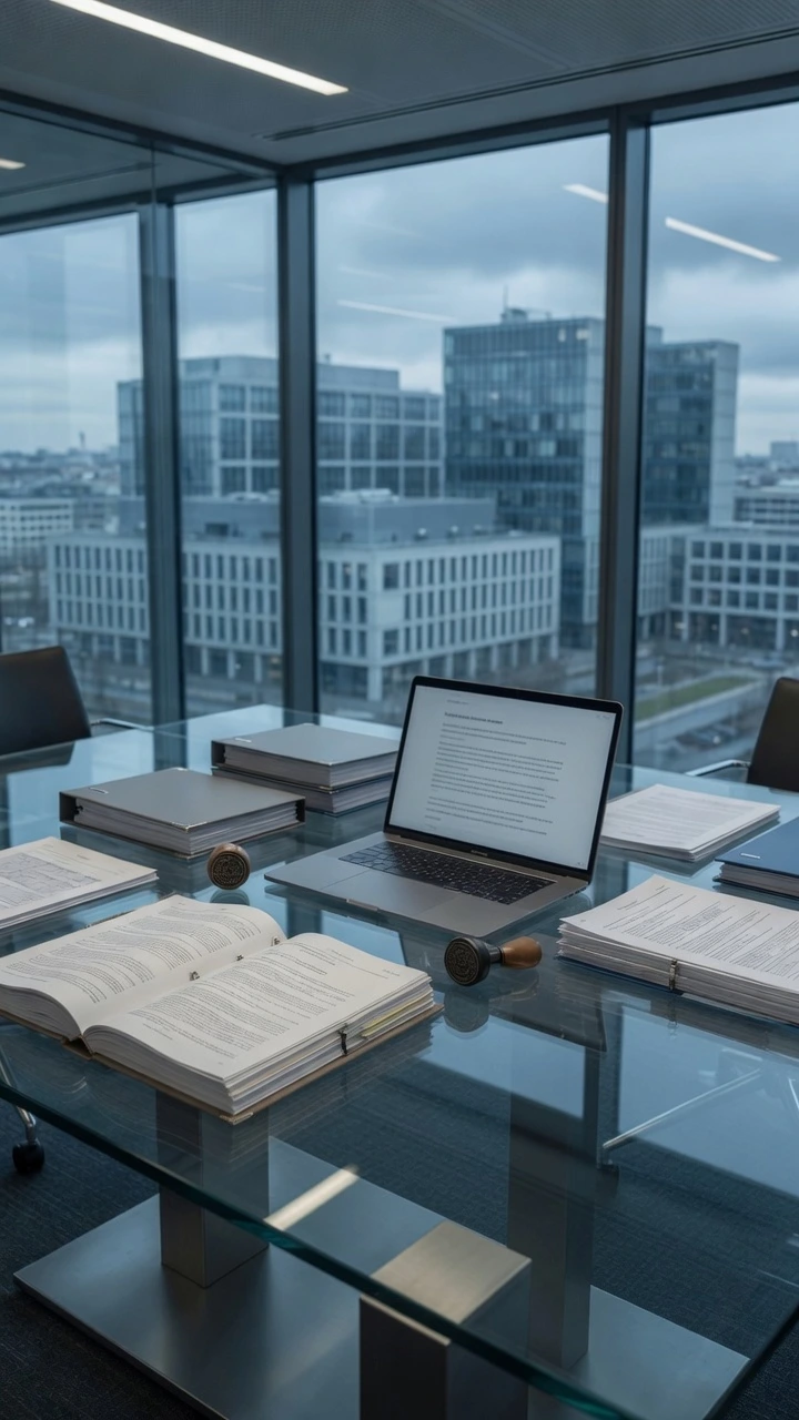 Abogado especialista en derecho administrativo: sala de reuniones moderna con mesa de vidrio, laptop, libro abierto y documentos frente a grandes ventanales con vista a la ciudad.