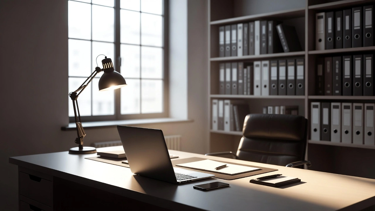 Escritorio de trabajo profesional con laptop abierta, lámpara de escritorio encendida y estanterías organizadas con archivadores, en un entorno pensado para un abogado especialista en derecho digital.