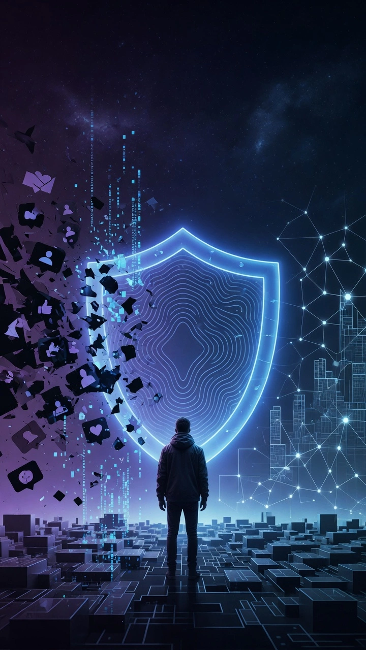 Persona de espaldas frente a un gran escudo digital luminoso que contiene la fragmentación de íconos de redes sociales, en un paisaje cibernético con código y ciudad futurista, representando el ámbito de un abogado especialista en derecho digital.