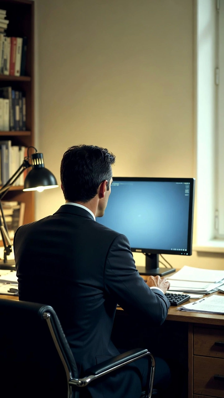 Profesional de espaldas trabajando frente a una computadora en un escritorio de oficina con lámpara, documentos y estanterías de libros, en un contexto propio de un abogado.