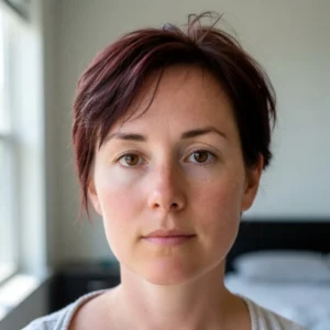 Retrato cercano de una mujer con cabello corto oscuro y expresión serena, iluminada por luz natural en un ambiente interior, es clienta de un abogado profecional.