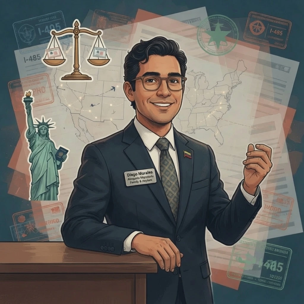 Abogado migratorio asesorando en trámites de familia y asilo, rodeado de documentos migratorios oficiales, mapa de Estados Unidos y balanza de justicia.