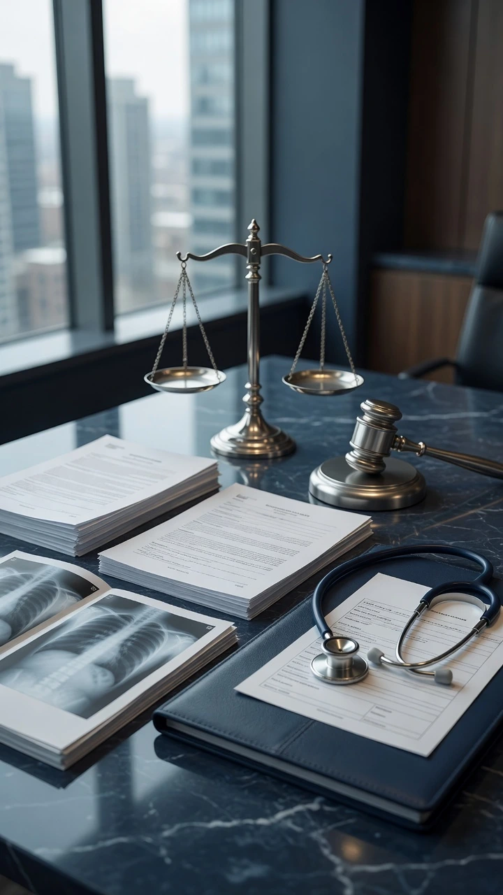Escritorio profesional con balanza de justicia, mazo, estetoscopio y radiografías médicas sobre documentos, simbolizando la defensa legal de los derechos de salud mediante amparos judiciales.