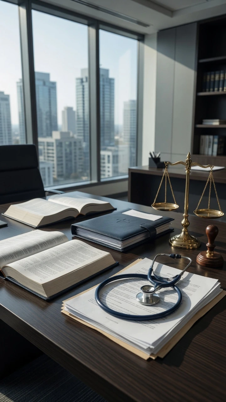 Oficina moderna de abogado con estetoscopio sobre documentos legales, balanza de justicia y libros de derecho, simbolizando la defensa de los derechos de salud y los reclamos por cobertura médica mediante amparos.
