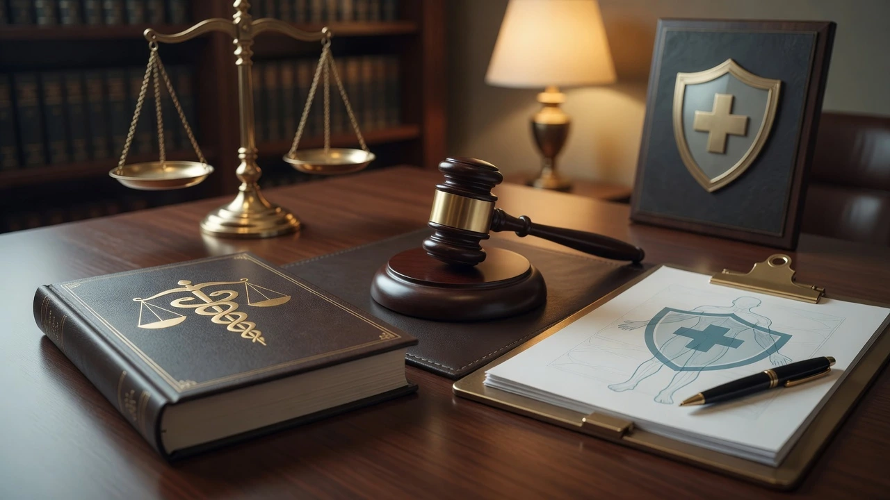 Escritorio profesional con libro de derecho médico, mazo de juez y carpeta con escudo sanitario, simbolizando la defensa legal del acceso a tratamientos y la protección de derechos de salud mediante acciones judiciales.
