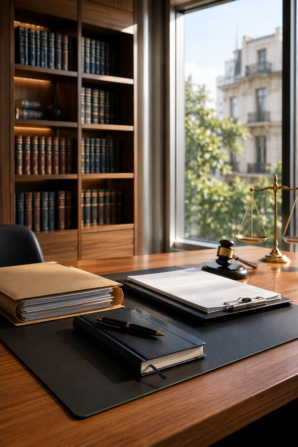 Escritorio de un estudio jurídico laboral moderno con expedientes, documentos legales, libros de derecho y balanza de la justicia en un ambiente profesional, sin personas.