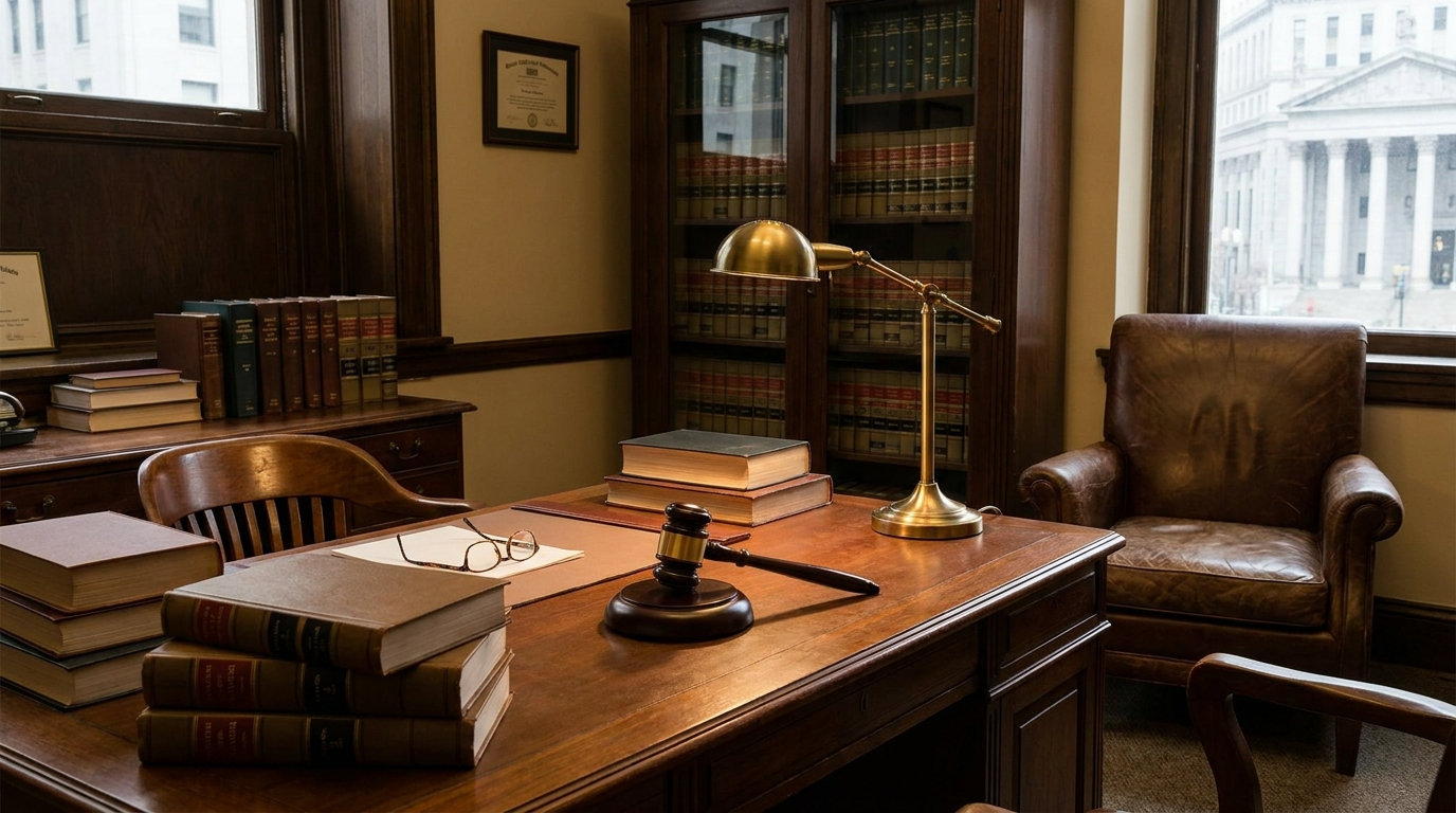 Despacho jurídico tradicional con escritorio de madera, libros legales, mazo y vista a tribunales - Abogado aeronáutico