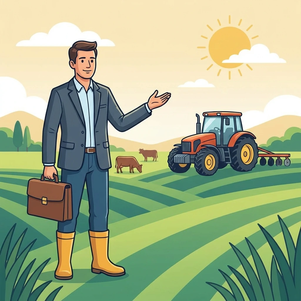 Abogado agrario con traje y botas de campo sosteniendo un maletín, de pie en un campo agrícola con tractor y ganado - ilustración profesional del sector rural
