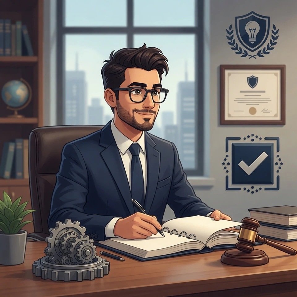 Ilustración de profesional del derecho con traje y anteojos trabajando en escritorio de oficina con libros, mazo de juez y elementos decorativos, certificados en la pared y vista panorámica de la ciudad