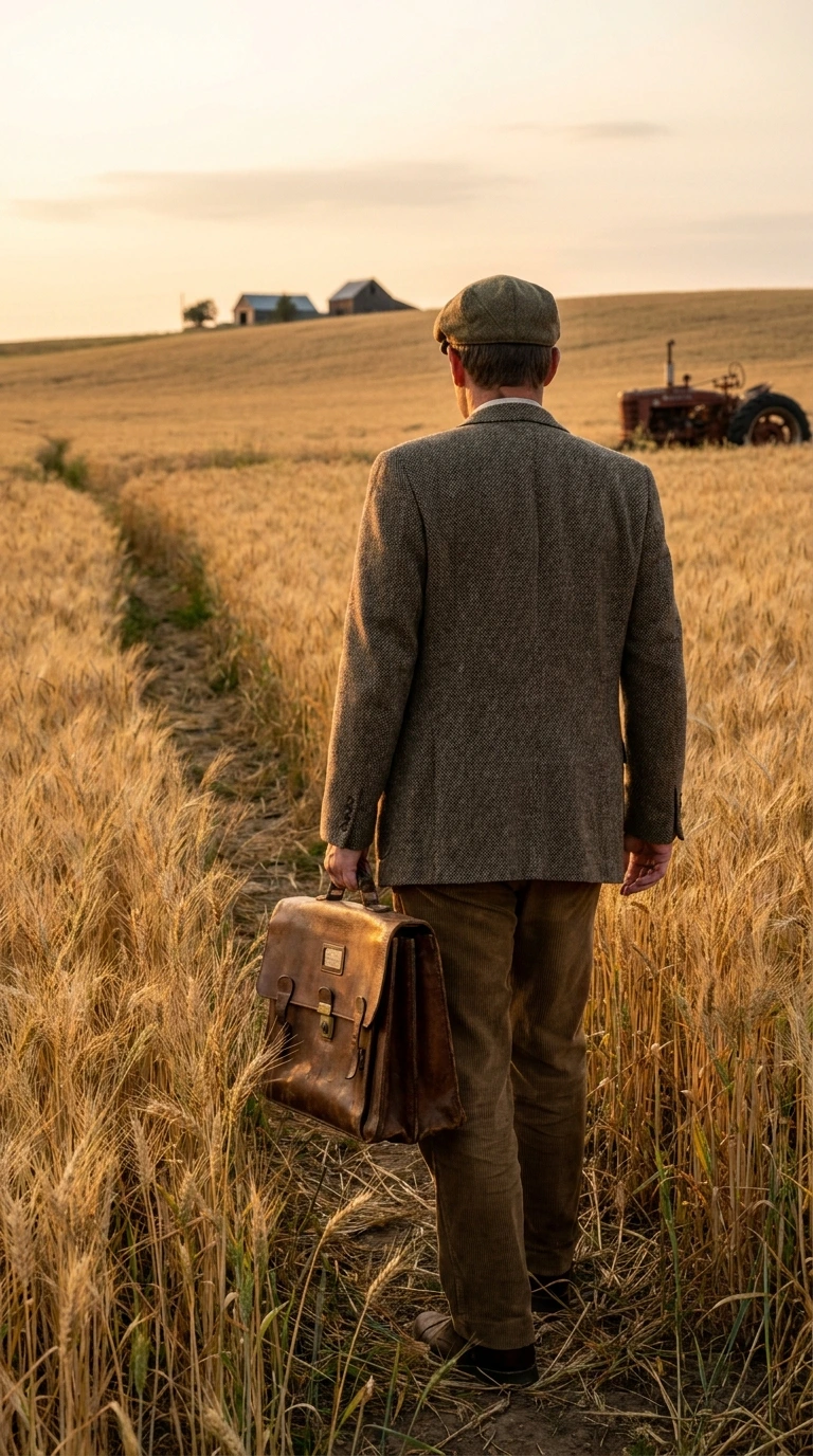 Hombre con maletín de cuero caminando por un sendero en un campo de trigo dorado con un tractor antiguo al fondo
