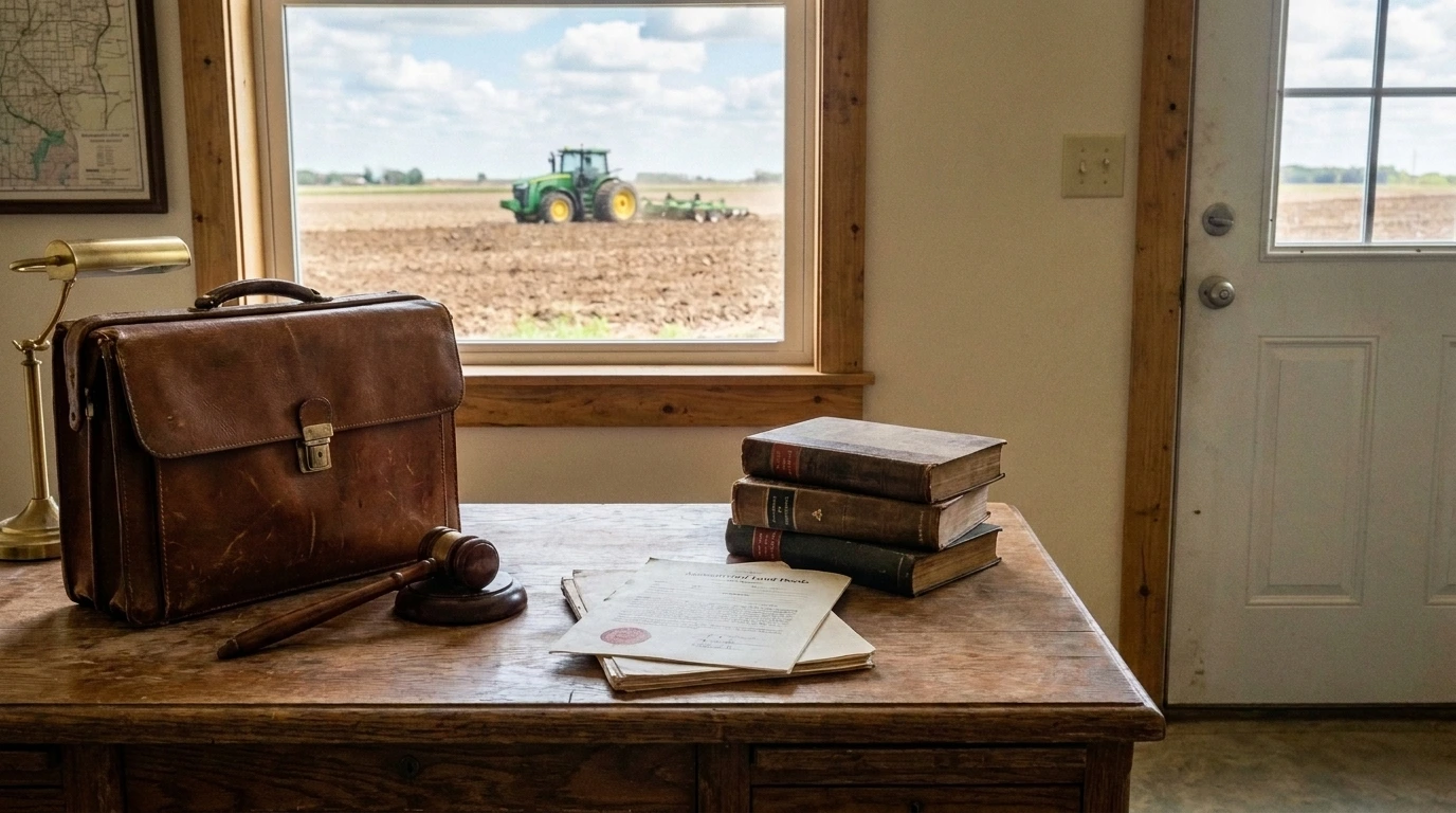Escritorio de abogado con maletín de cuero, libros de derecho, martillo de juez y documentos legales, ventana con vista a tractor trabajando en campo agrícola