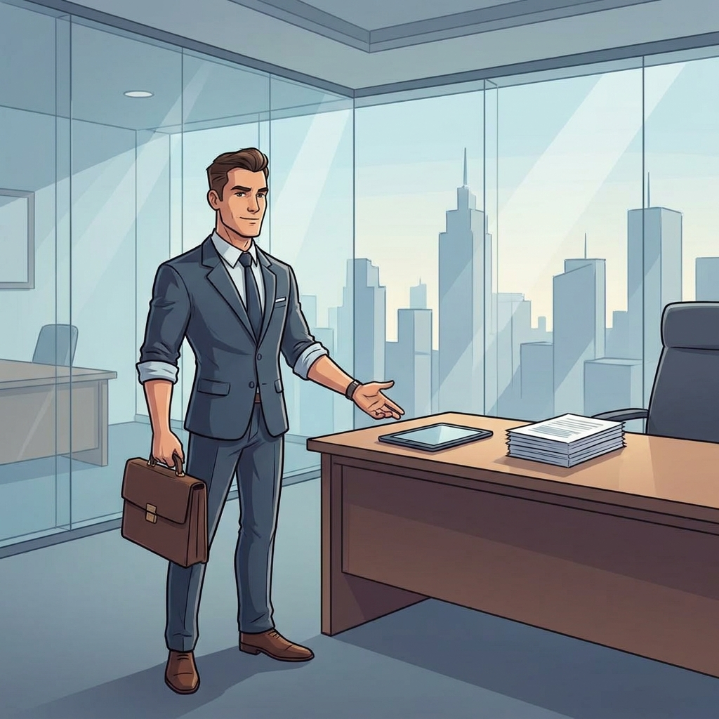 Ilustración de profesional en traje formal con maletín de cuero en oficina moderna con paredes de vidrio, escritorio con documentos y tablet, vista panorámica a rascacielos de la ciudad