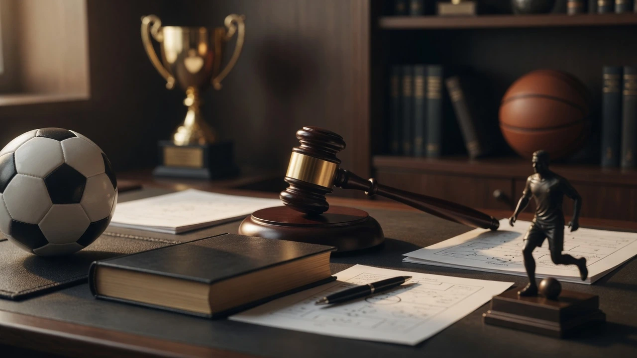 Escritorio con mazo judicial, libros legales, pelotas de fútbol y básquetbol, trofeo dorado y documentos con estatua de atleta
