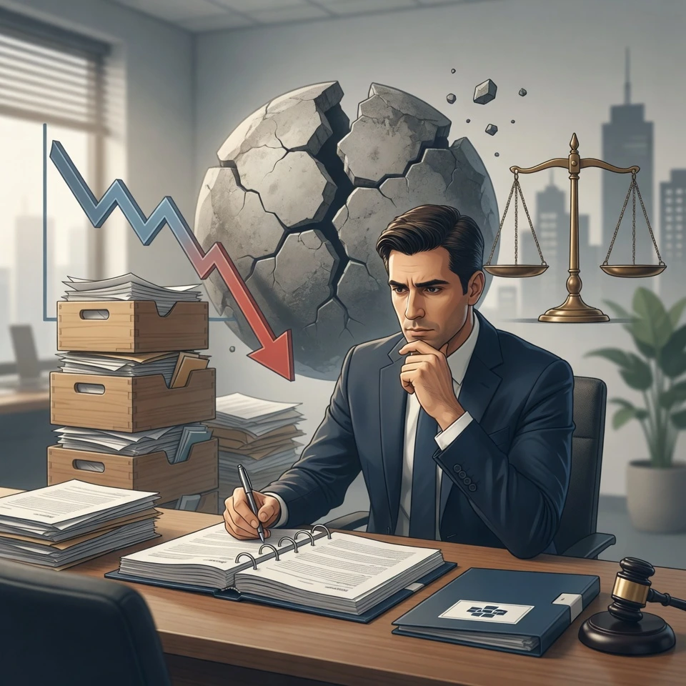 Profesional del derecho analizando documentación financiera en oficina con gráficos de crisis económica, balanza de justicia y martillo judicial