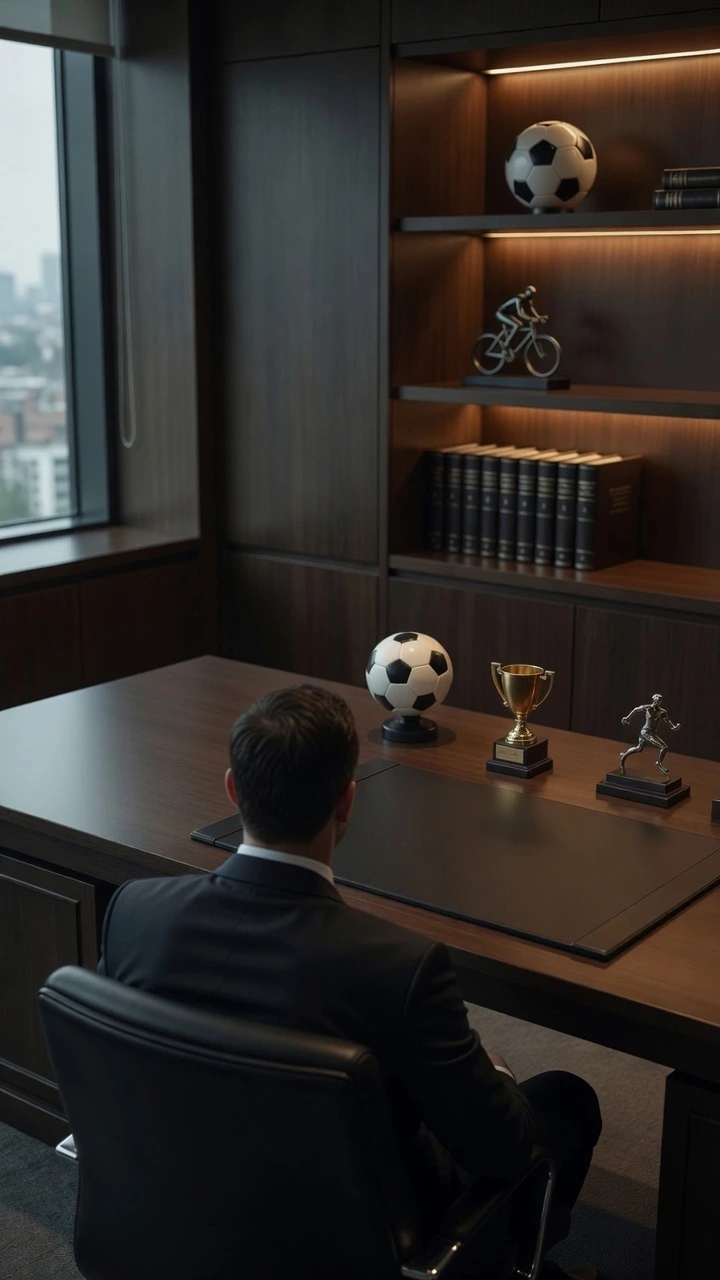 Oficina profesional con pelotas de fútbol, trofeo dorado, libros jurídicos y estatuillas de atletas sobre escritorio moderno con vista a la ciudad