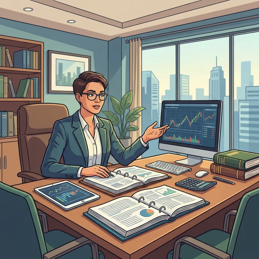 Profesional en oficina corporativa moderna analizando gráficos bursátiles en monitor, escritorio con carpetas de documentos financieros abiertos, tablet con estadísticas, calculadora, libros jurídicos y vista panorámica de la ciudad