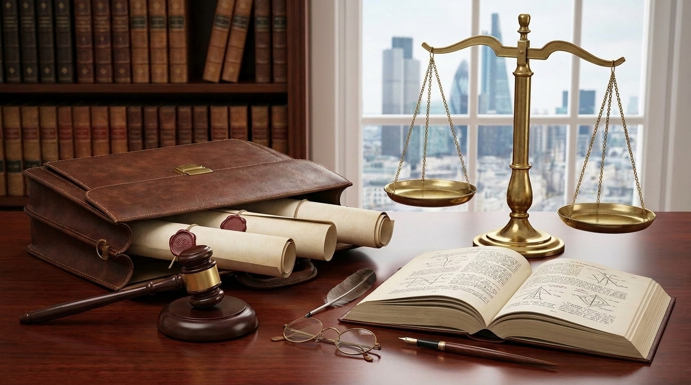 Escritorio de despacho legal con maletín de cuero, balanza de justicia, libros jurídicos, martillo de juez y documentos sobre mesa de madera con vista panorámica a la ciudad