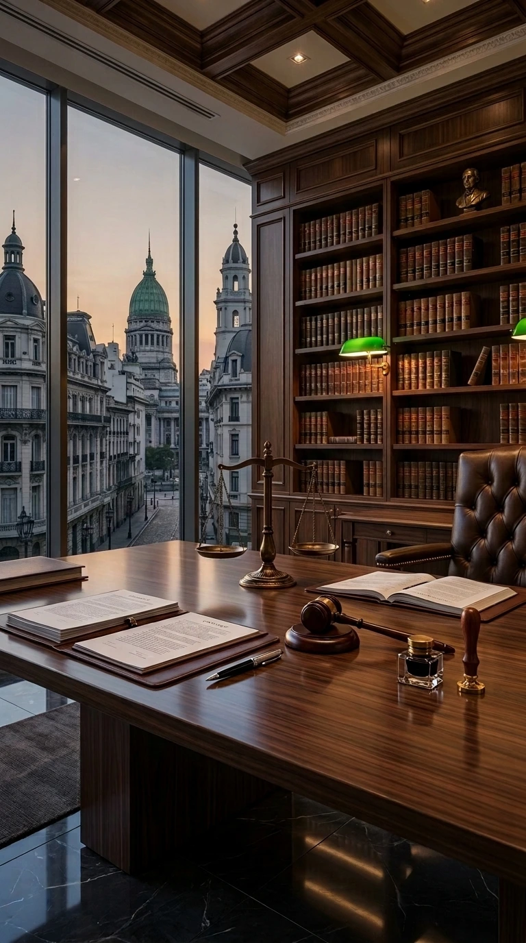 Escritorio clásico de un abogado comercial con balanza de justicia, mazo, contratos y biblioteca de libros legales con vista al Congreso