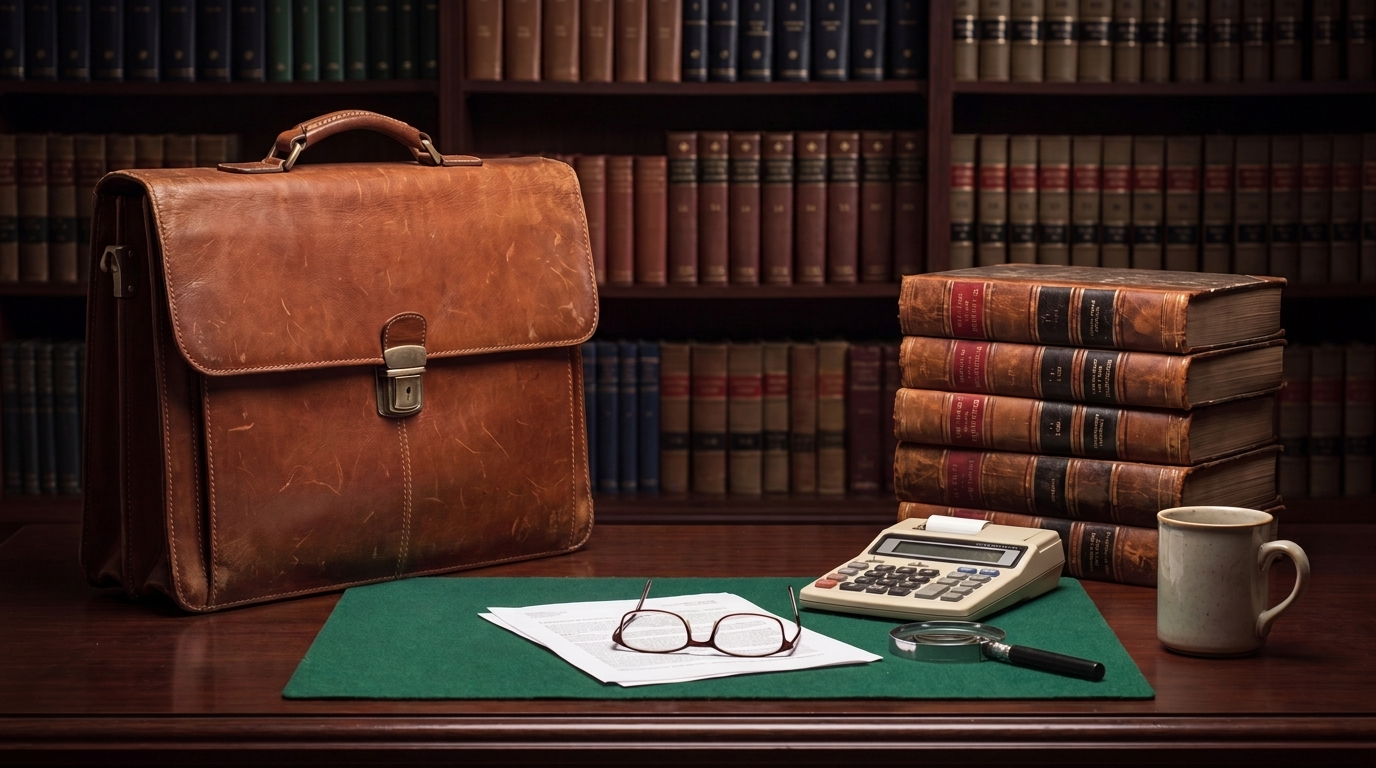 Escritorio de despacho legal con maletín de cuero marrón, libros jurídicos antiguos, calculadora, gafas y documentos sobre mesa de madera con estanterías de fondo