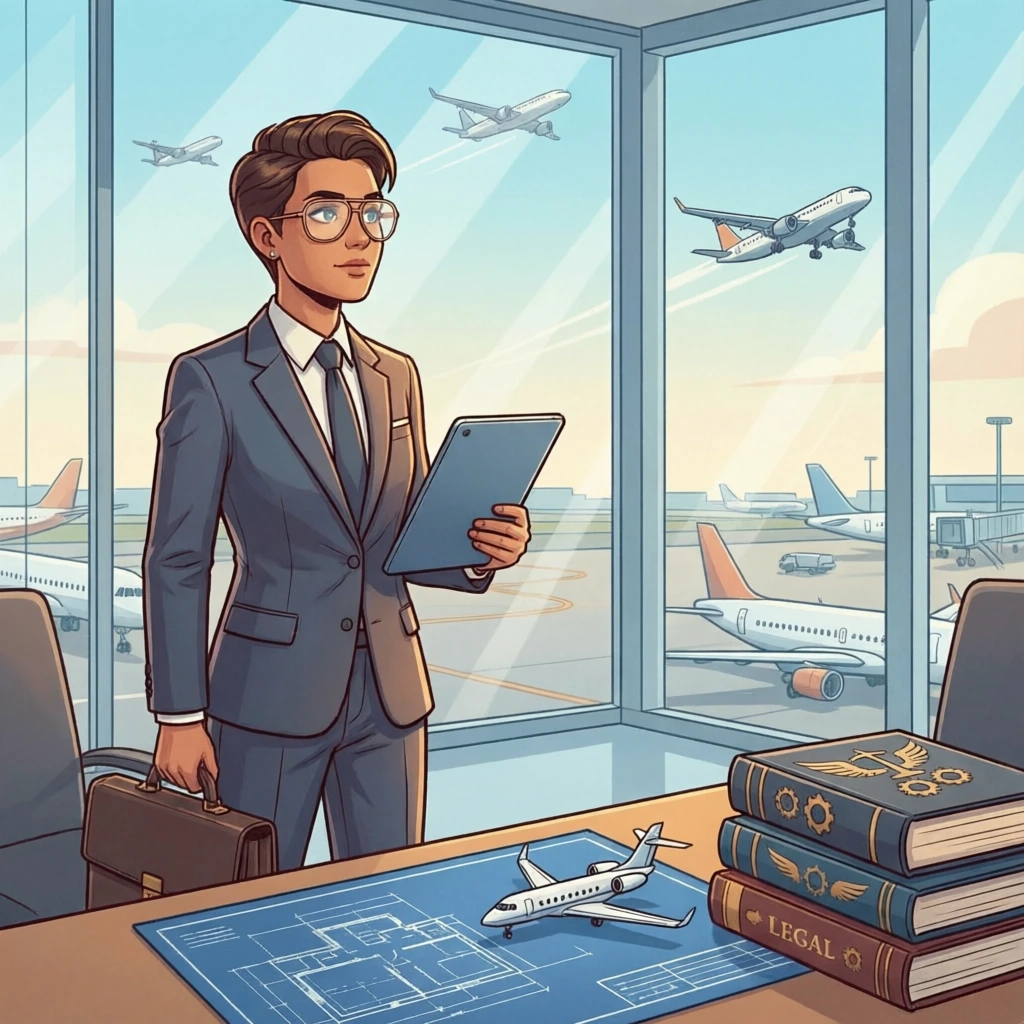 Ilustración de un Abogado de contratos revisando planos y documentación aeronáutica en una oficina con vista al aeropuerto.