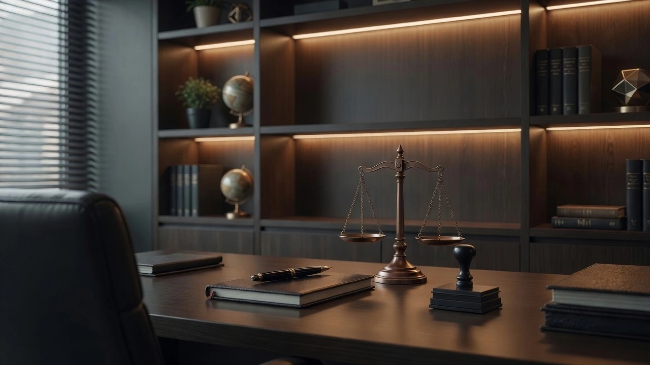 Escritorio de oficina legal con balanza de justicia, mazo, libros y estantería con iluminación LED