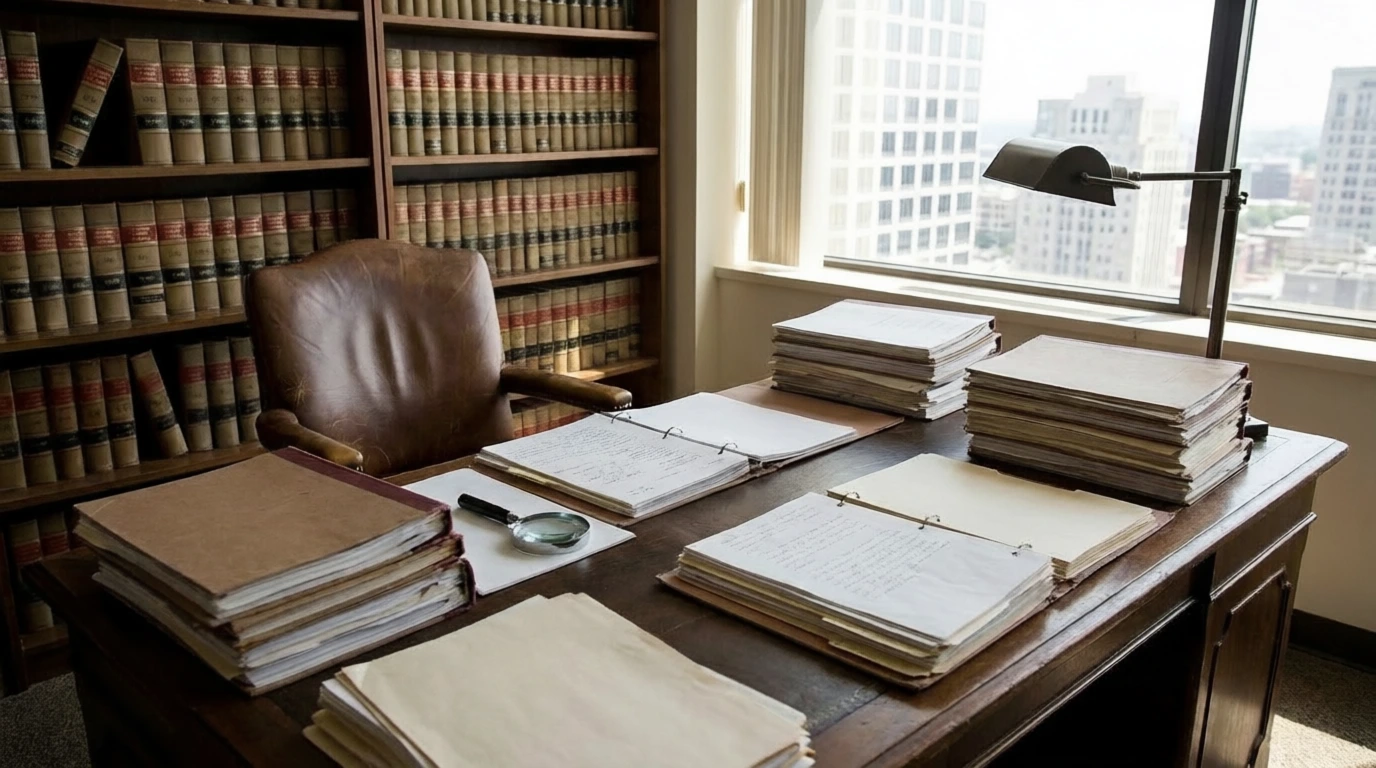 Escritorio de madera con expedientes y libros legales en la oficina de un abogado de contratos.