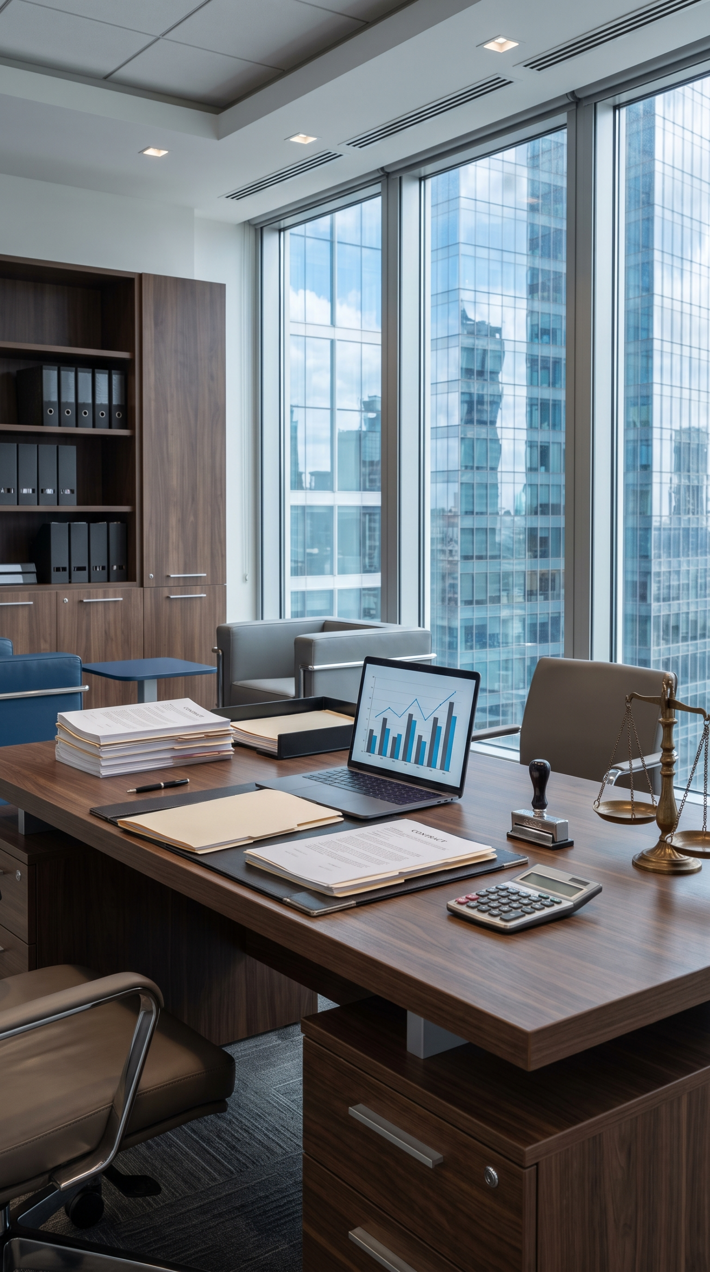 Escritorio de oficina corporativa con laptop mostrando gráficos financieros ascendentes, calculadora, documentos contractuales, balanza de bronce y estantería con carpetas, con vista panorámica a rascacielos