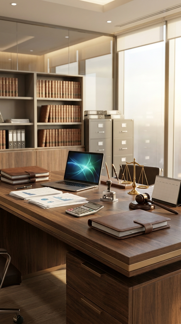 Escritorio de oficina legal contemporánea con laptop, balanza dorada de justicia, mazo de juez, calculadora, documentos con gráficos, archivadores y estanterías con libros jurídicos junto a ventanales luminosos