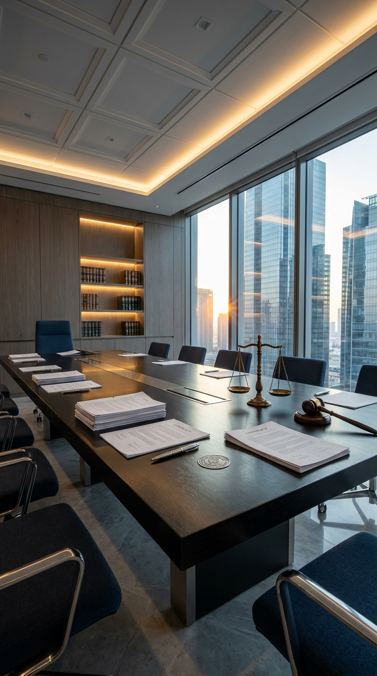 Sala de reuniones de un abogado comercial con balanza de justicia, contratos sobre la mesa y vistas panorámicas de la ciudad