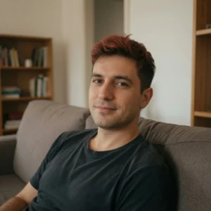 Joven emprendedor en ambiente hogareño con sofá y estanterías de libros, expresión relajada y confiada