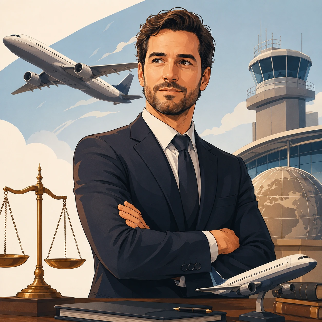 Ilustración de un abogado de traje con brazos cruzados, con un avión en vuelo, torre de control de aeropuerto, globo terráqueo y balanza de la justicia sobre el escritorio