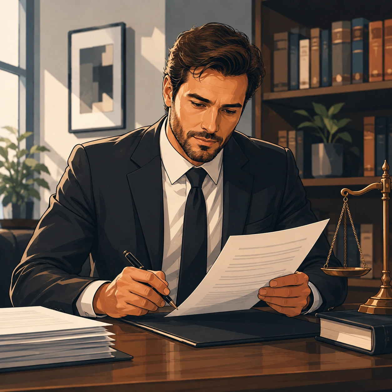 Ilustración de un abogado de traje revisando un documento con un bolígrafo en mano, con balanza de bronce, libros y papeles sobre un escritorio de madera