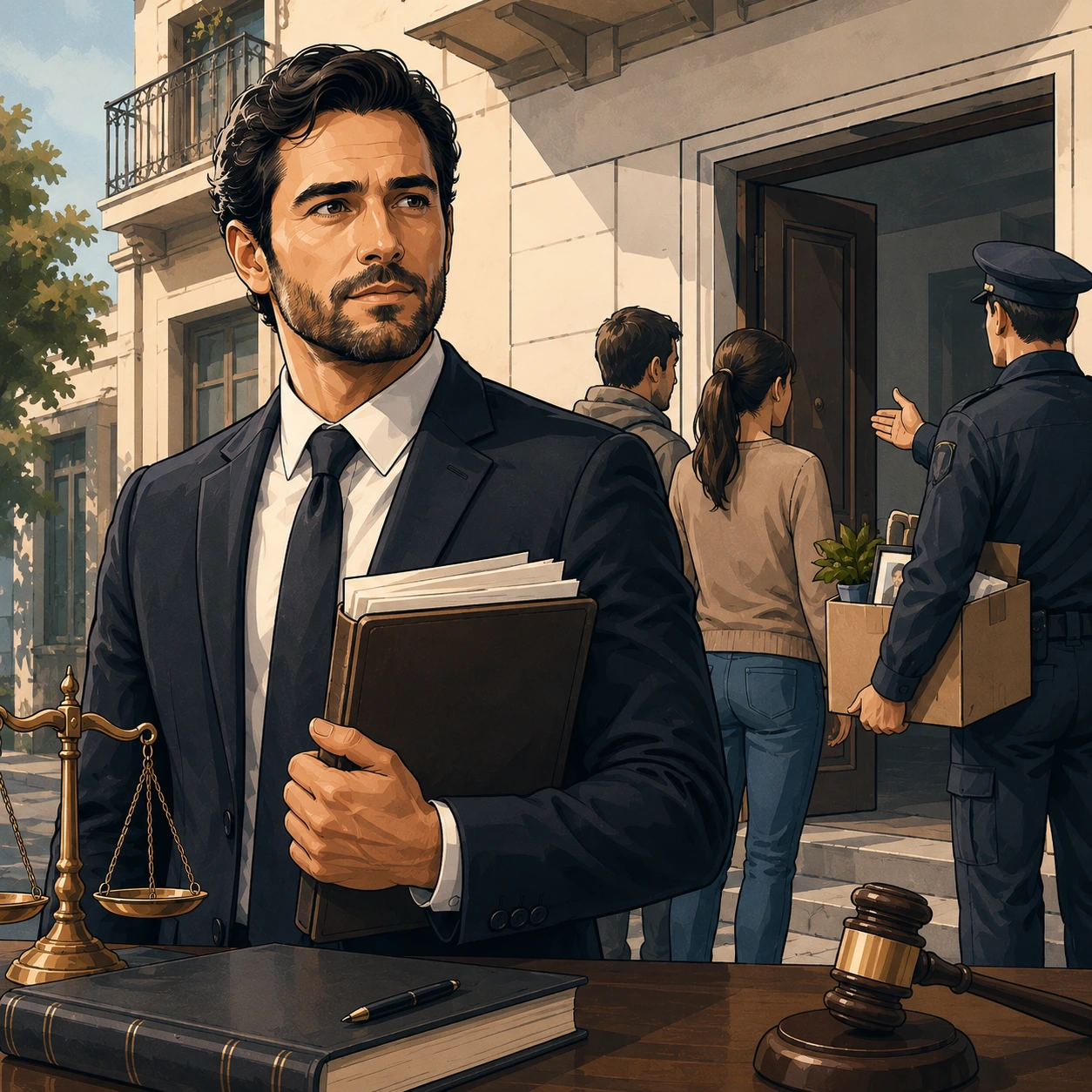 Ilustración de un abogado con carpeta de documentos frente a un edificio, con balanza y martillo judicial en primer plano, mientras unas personas retiran sus pertenencias de la propiedad acompañadas por un oficial