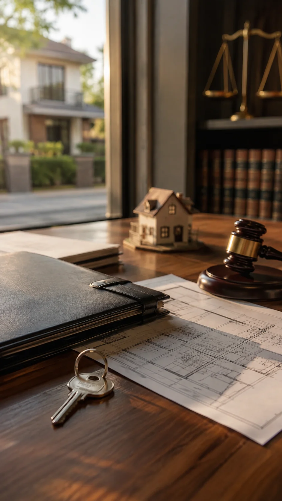 Maqueta de casa, llaves y planos de propiedad sobre un escritorio de madera, junto a un martillo judicial.